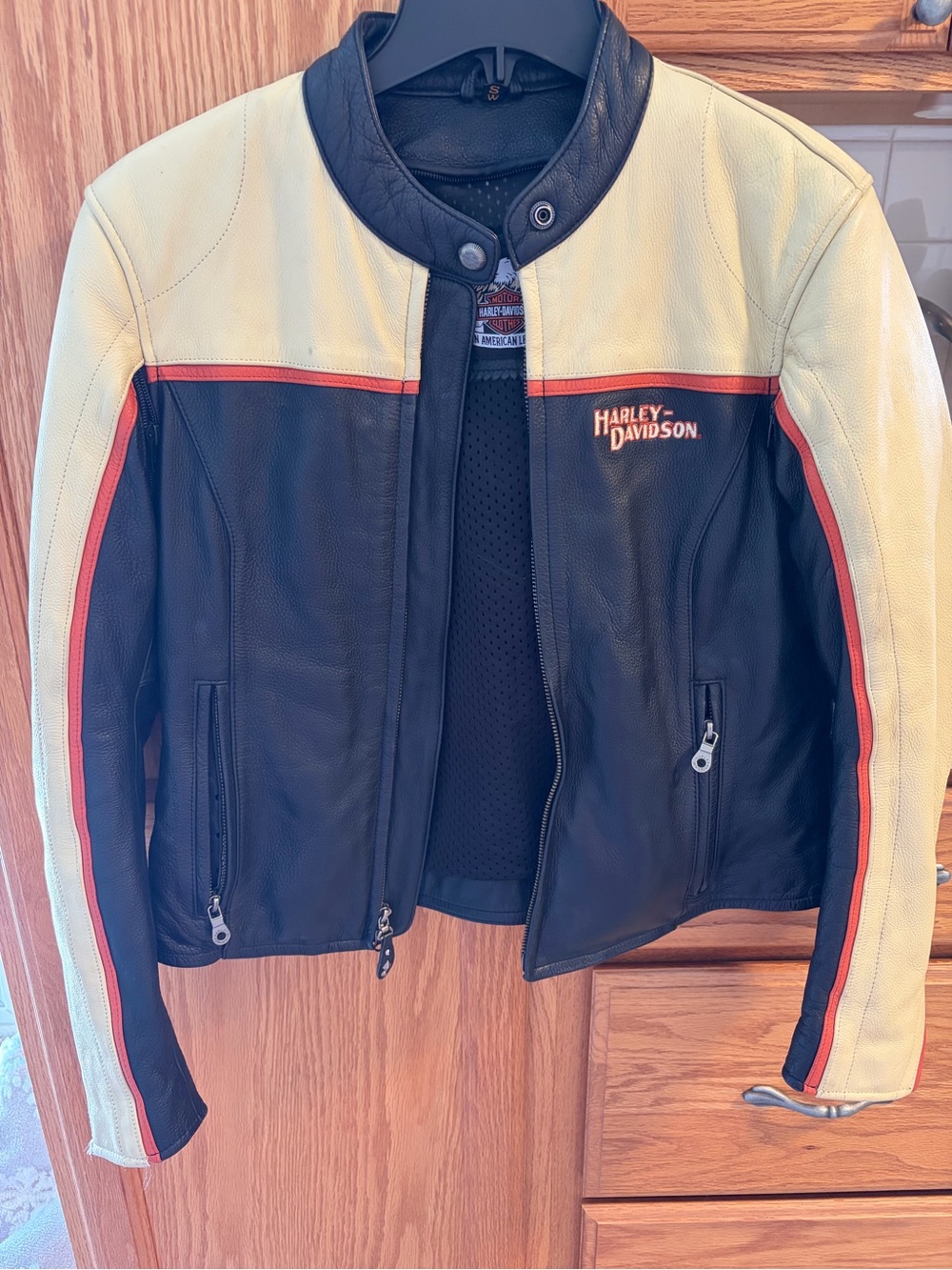 Harley-Davidson Black, Cream & Red Leather Bomber Jacket